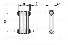 Схема (чертеж) Радиатор Zehnder Charleston 2030/3 №2670 Белый глянцевый RAL 9016
